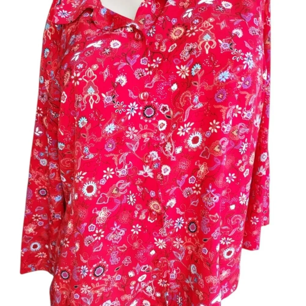 Christopher and Banks Size XL Women's Floral 3/4 Sleeve Red Button Down Top - Picture 8 of 16